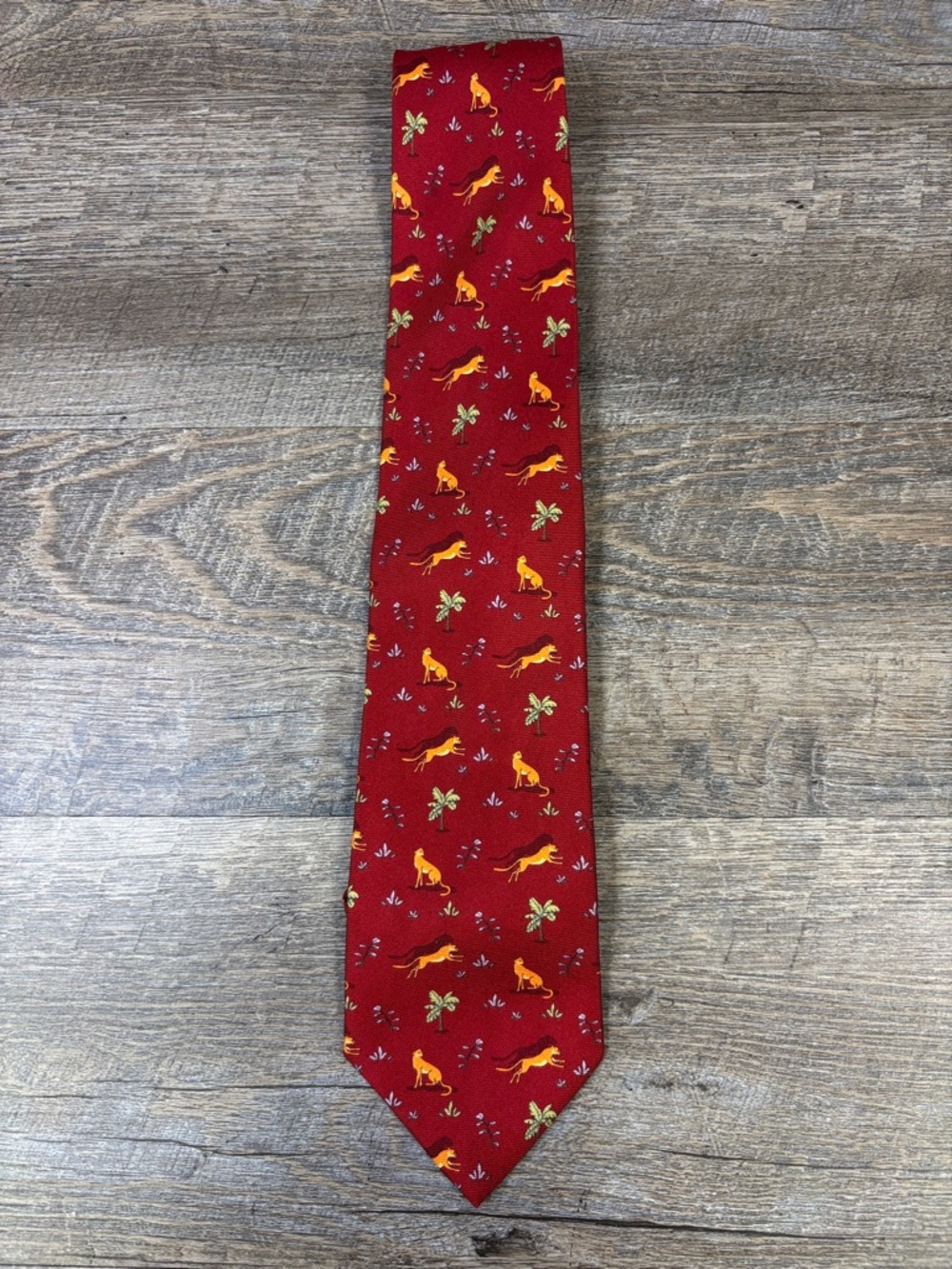 Maus & Hoffman Sole Mare Silk Tie Red Safari Animal Print Italy Lions Palm Trees